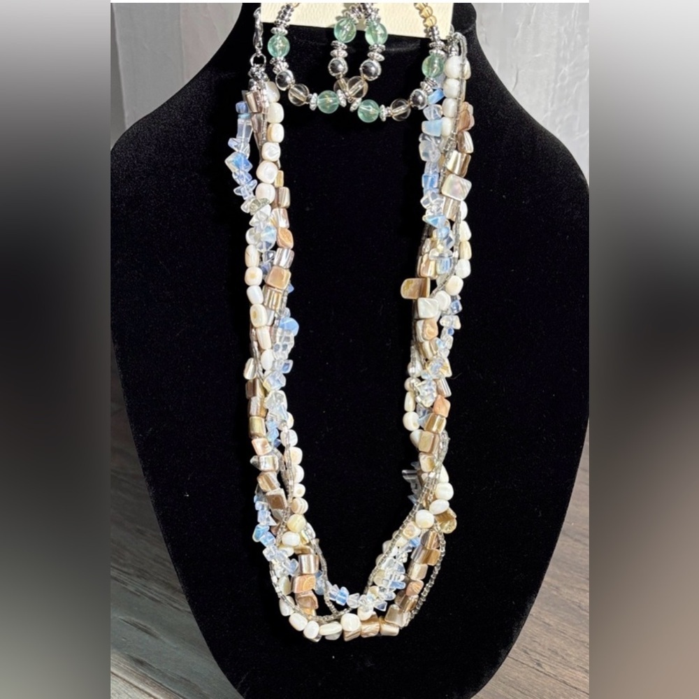 Carol D Studio Capiz shell,seed & iridescent acrylic beads,silvertone earrings